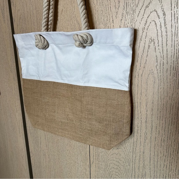 White Canvas And Burlap Tote Bag - Picture 3 of 10